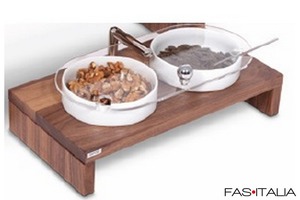 Espositore in legno noce basso con 2 ciotole coperte Espositore in legno noce basso con 2 ciotole coperte